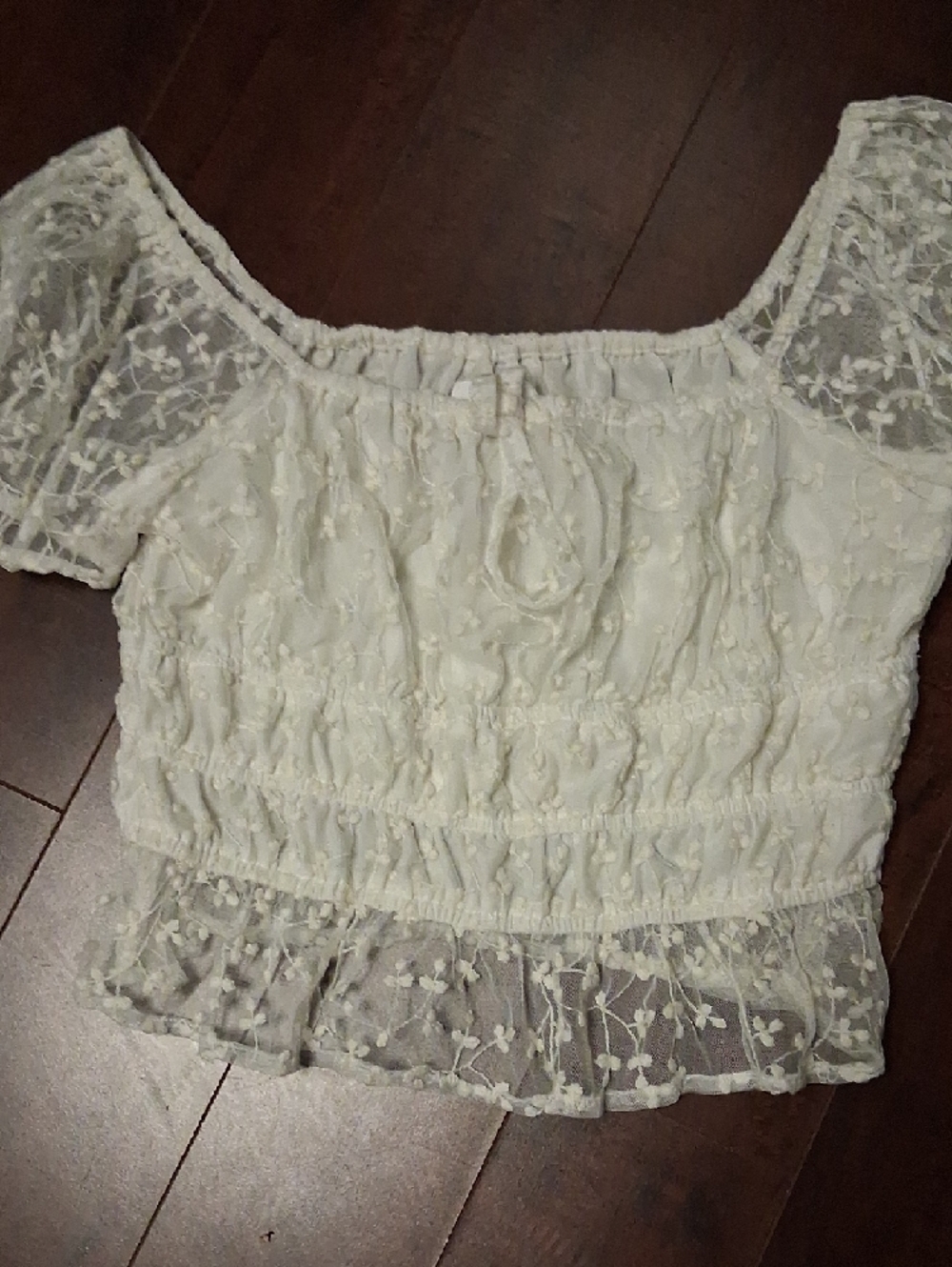 Japna White Floral Lace Puff Sleeve Cropped Top - Picture 3 of 7